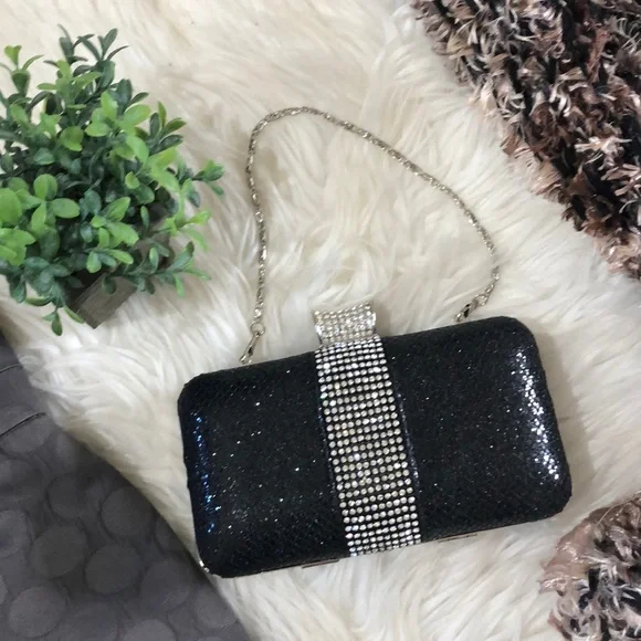 CRYSTAL ENCRUSTED EVENING BAG beaded EVENING BAG💥black w chain TIMELESS CLASSIC - Picture 2 of 10